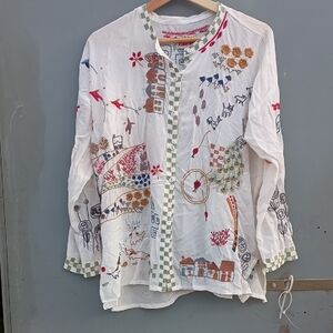 Johnny Was White Semi-sheet Buttondown Shirt with Red and Blue Embroidery